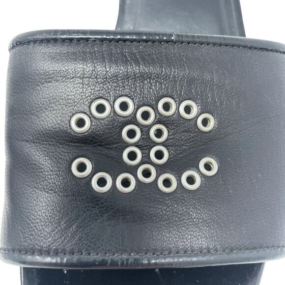 Chanel Shoes Flat Heels CC Logo Black Leather Silver Metallic Platform Wedge 37 - Picture 6 of 11